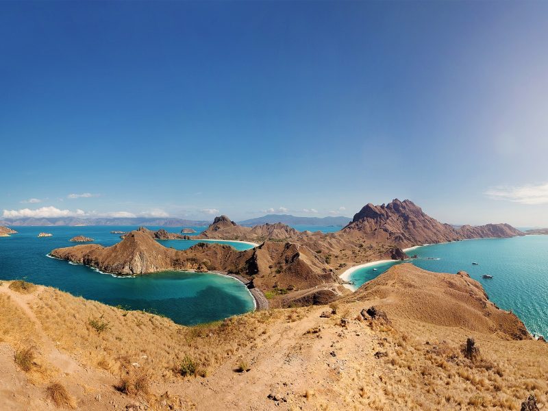 Panoramic view of the three bays of Padar Island at golden hour, Komodo National Park