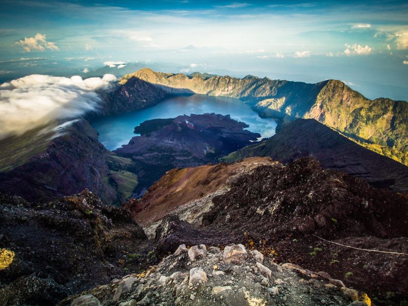 View from the summit of Mount Rinjani over the crater rim and Segara Anak lake, Lombok