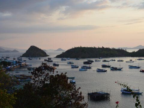 Golden sunset over the harbour and islands of Labuan Bajo, Flores, Indonesia